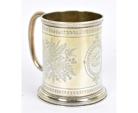 JOHN, EDWARD, WALTER &amp; JOHN BARNARD; a Victorian hallmarked silver christening mug, with central oval panel inscribed 'Ja