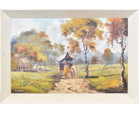 M ZAIN (Malay, 20th century); oil on canvas, landscape featuring cart and cattle, signed lower right, 38 x 57cm, framed.