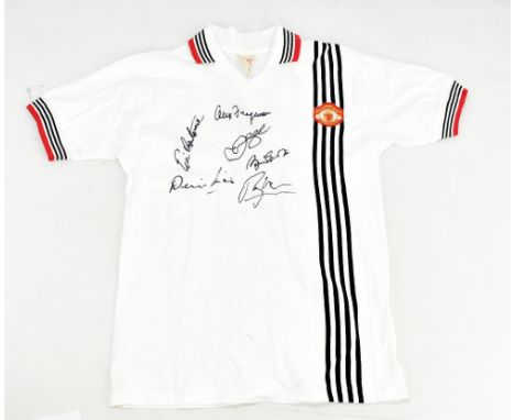 MANCHESTER UNITED; a 'Retro Revival' replica 1975-76 white away shirt, signed by Sir Alex Ferguson, Eric Cantona, David Beckh