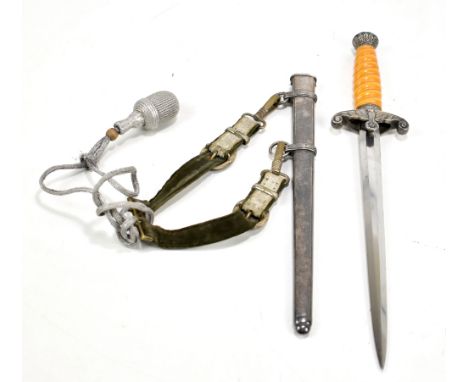 A Third Reich officer's Dienstdolch dagger, the unmarked blade length 26cm (bent), to orange grip housed in two-ring pebbled 