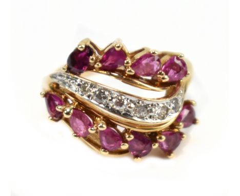 THE FRANKLIN MINT; 'The Fabergé Firebird Ring', a 14ct yellow gold ruby and diamond cluster ring set with six diamonds and te