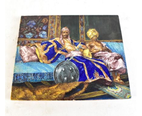 A late 19th century rectangular tile, painted with two Eastern figures seated, one beside a shield, signed T Bourdery and dat