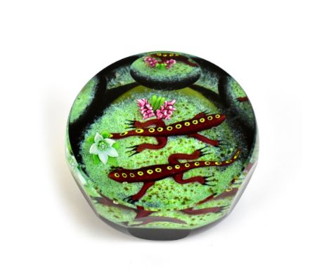 WILLIAM MANSON FOR CAITHNESS; a limited edition 'Double Salamander' paperweight, 22/25, diameter 7.5cm, complete with certifi