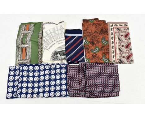 Four Paisley&nbsp;silk gentleman's long scarves, a silk red, grey and navy blue Concorde square scarf and an unusual Football
