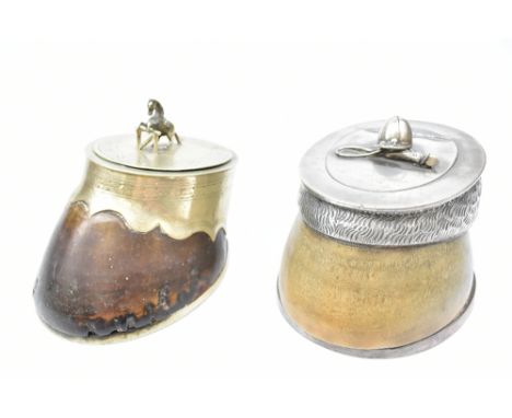 TAXIDERMY; two horse's hoof snuff boxes, each with silver plated mounts, including an example with a jockey's hat and whip, h