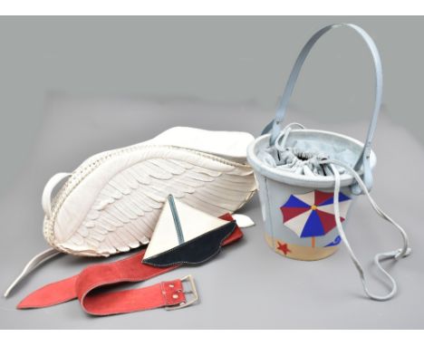 BLUSH-B-LUSH BY TARA; a white leather shoulder bag shaped as angel wing, 45 x 18 x 4cm, a light blue bucket shaped leather ha