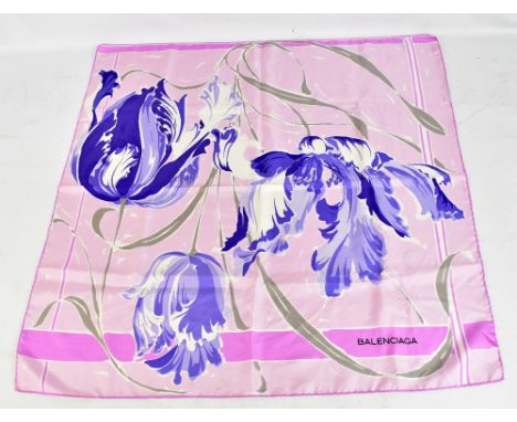 BALENCIAGA; a pink square 100% silk scarf emblazoned with iris flowers.