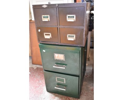 A vintage green metal two drawer filing cabinet and another brown metal four drawer example (2).