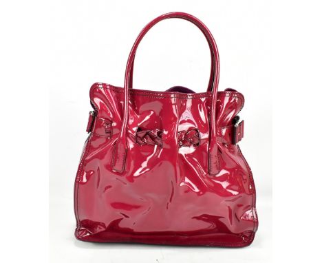 VALENTINO; a maroon red patent leather large handbag with two carry handles, suede lining, silver-tone hardware metal logo pl