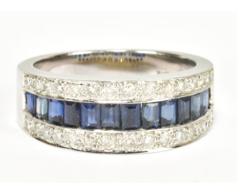 An 18ct white gold sapphire and diamond ring with approx 1.50cts of sapphires and diamonds totalling approx 0.60cts, size O, 