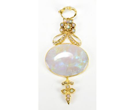 An 18ct yellow gold opal set pendant, length of drop 5.75cm, approx 6.4g (af).Additional InformationThis piece would not have