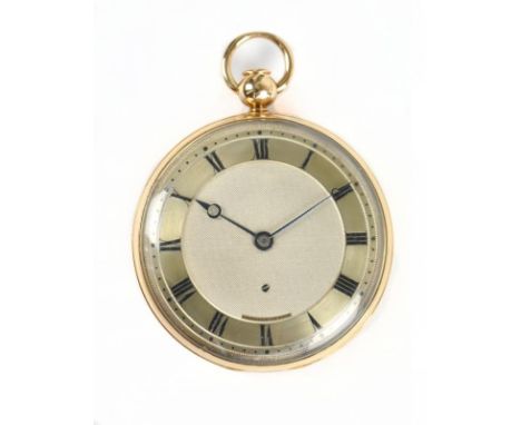 BREGUET; a fine and rare gold repeater open face pocket watch, circa 1815, with engine turned case, silvered dial set with bl