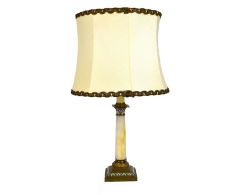 A late 19th century brass and champlevé enamel Corinthian column table lamp, with central marble column, height 31cm.