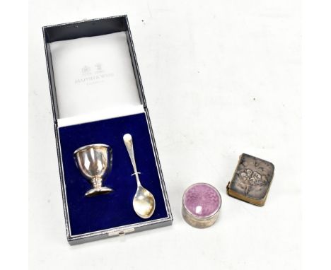 MAPPIN &amp; WEBB LTD; a cased Elizabeth II hallmarked silver egg cup and spoon set, Birmingham 1991, a circular trinket box 