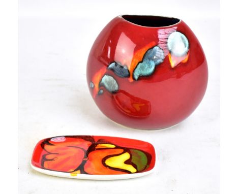 POOLE POTTERY; a Delphis dish, 17.8 x 10.2cm, and a vase (2).