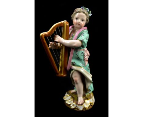 MEISSEN; a mid-19th century figure of a girl playing the harp, impressed number 70 to base, height 14cm.Provenance: from a pr
