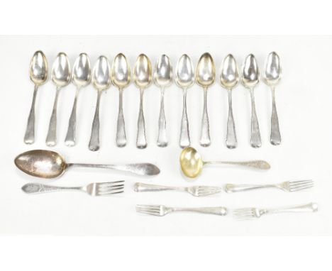 DANISH SILVER; twelve table spoons together with three matching forks, also a Danish silver basting spoon with chased handle 