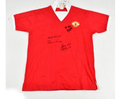MANCHESTER UNITED FC; a 'Retro Revival' replica cotton 1972-73 home shirt, signed by the 'Holy Trinity' of George Best, Denis