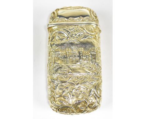 NATHANIEL MILLS; a Victorian hallmarked silver 'Castle Top' embossed cigar case with hinged domed cover, foliate scroll decor