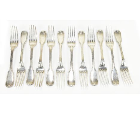 WILLIAM EATON; a set of twelve George IV hallmarked silver Fiddle and Thread pattern small forks, London 1827, length 17cm, a