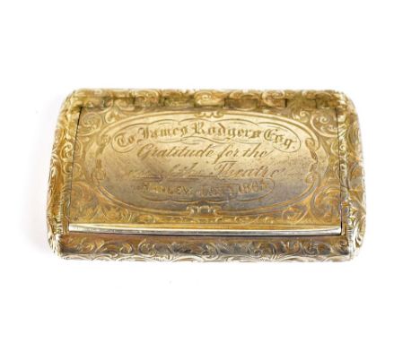 THEATRE INTEREST; a Victorian hallmarked silver snuff box of rounded rectangular form with floral engraved border and central