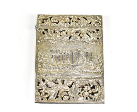 NATHANIEL MILLS; an early Victorian hallmarked silver 'Castle Top' cigarette case decorated to one side with Warwick Castle, 