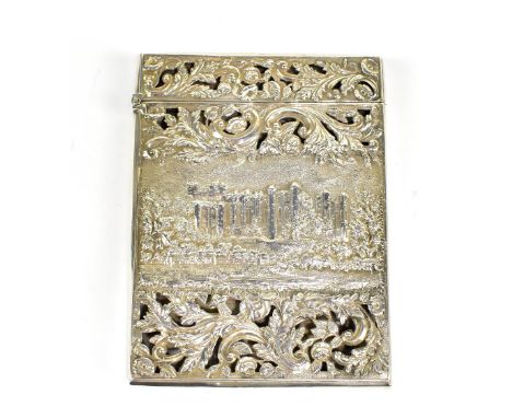 NATHANIEL MILLS; an early Victorian hallmarked silver 'Castle Top' cigarette case decorated to one side with Warwick Castle, 