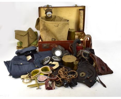A group of military equipment and accessories including four leather flying helmets/caps, an RAF jacket with propeller cloth 