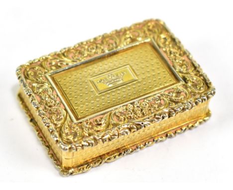 NATHANIEL MILLS; a William IV hallmarked silver gilt vinaigrette of rounded rectangular form, the detailed hinged lid centred