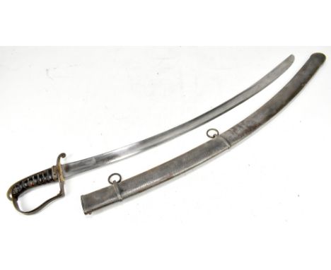 A sabre with unmarked blade, length approx 82cm, to simple guard and leather bound wirework grip, in metal two ring scabbard,