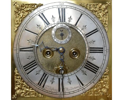 THOMAS BISHOP OF MAIDSTONE; a brass faced longcase clock movement with silvered dial, with Roman numerals and subsidiary dial