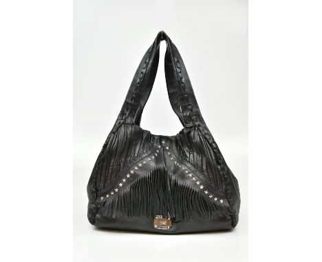 JIMMY CHOO IMAN; a black Napa leather star studded fringe shoulder bag with silver-tone hardware, 38 x 29 x 18cm.