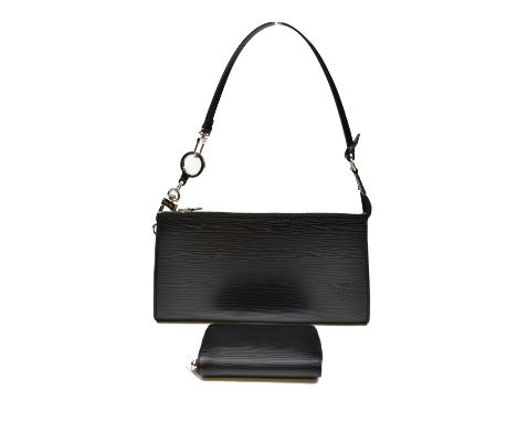 LOUIS VUITTON; a black epi leather evening shoulder bag with silver coloured hardware and zip top, 24 x 13 x 3cm, a Louis Vui