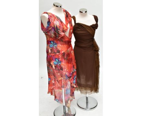 DONNA KARAN; a brown chiffon dress, size small, and a Julien MacDonald red floral chiffon wrap dress, size m (2).