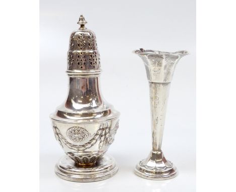 MARTIN, HALL &amp; CO; an Edward VII hallmarked silver sugar caster with repoussé foliate detail on stepped circular foot, Sh