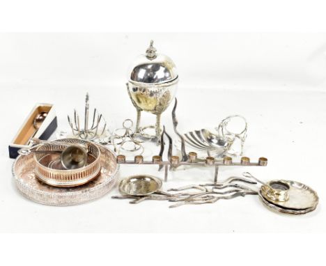 A mixed group of silver plated items including dishes, a toast rack, a bottle coaster.