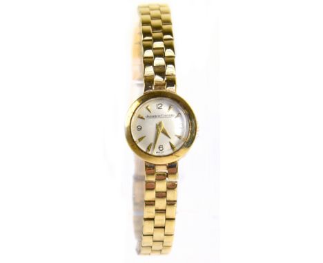 JAEGER-LECOULTRE; a lady's vintage 9ct yellow gold wristwatch, the circular dial set with Arabic numerals and batons, present