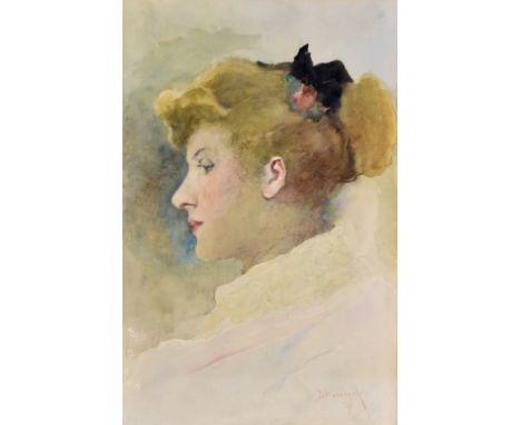 DAVID WOODLOCK (1842-1929); watercolour, side view portrait of a lady, signed and dated '96 lower right, 29 x 18.3cm, framed 