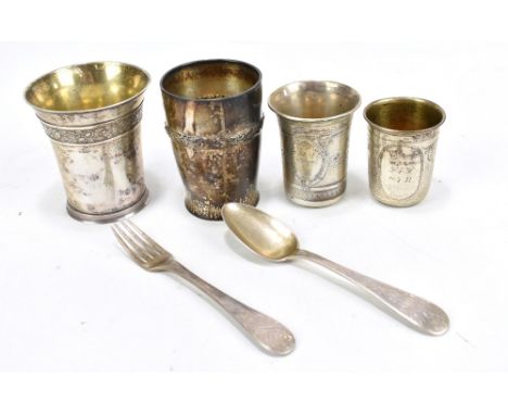 DANISH SILVER; five pieces including three beakers, including example with chased decoration, height of largest example 10cm,