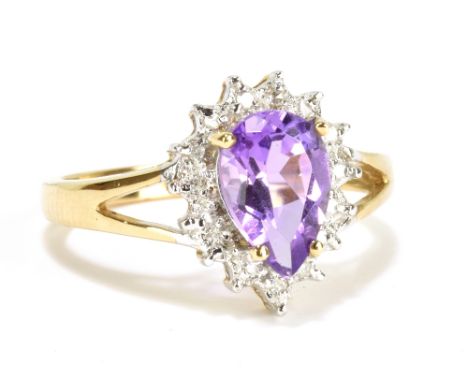 A 9ct yellow gold pear cut amethyst and diamond dress ring, size L, approx 2.5g.