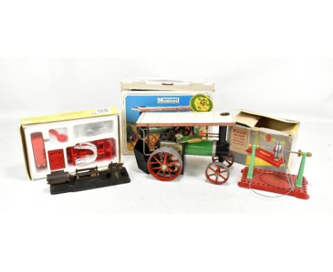 MAMOD; a boxed steam tractor, a boxed line shaft, a Meccano boxed geared motor, and a unbranded piston (4).