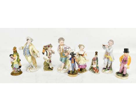 A collection of nine late 19th century and later ceramic figurines and two scent bottles, comprising a pair of Augustus Rex f