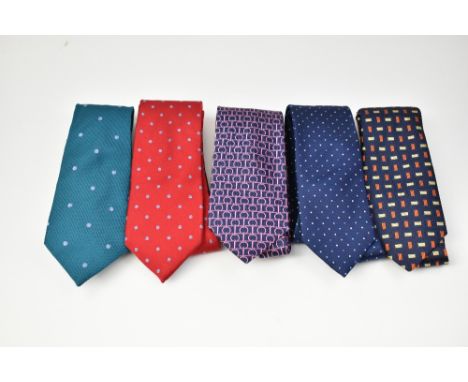 PINK; a jade green and purple silk tie, a PINK, navy blue, orange and gold silk tie, a T.M LEWIN navy blue and pink silk tie,