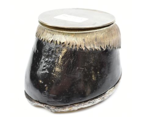 TAXIDERMY; a horse's hoof inkwell with silver plated mounts, the cover marked 'LEUCHARS London', diameter 15cm.