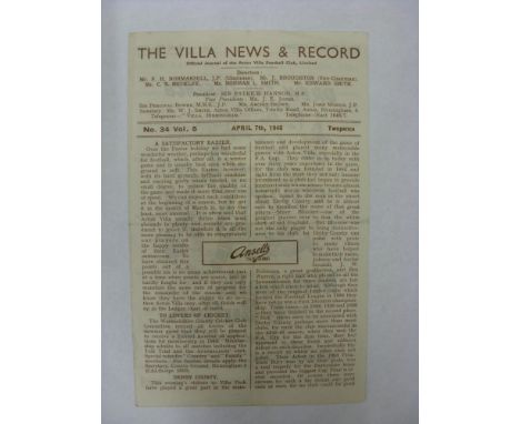 ASTON VILLA, 1947/1948, a football programme from the home fixture with Derby County, played on 07/04/1948 (4 Pages, folded).