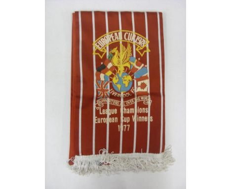 LIVERPOOL, 1977/1978, football scarf, 'Supporters All Over The World', red colour with white pinstripes, printed on scarf 'Eu