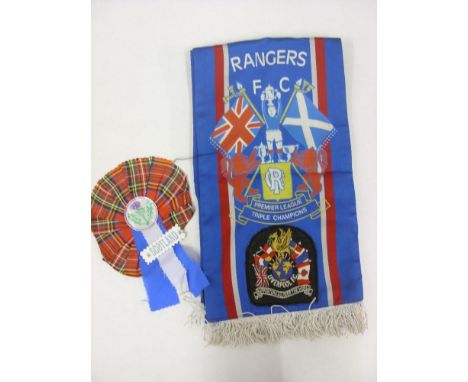 RANGERS, circa 1970's, football supporters scarf.  A blue scarf with red/white pin stripes, printed on the scarf 'Rangers FC 