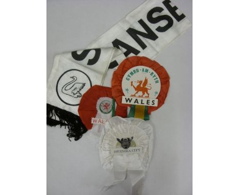 SWANSEA CITY, 1970's, football, a silk scarf, white with black print, plus 3 Rosettes, 1 x Swansea City (6" diameter), and 2 