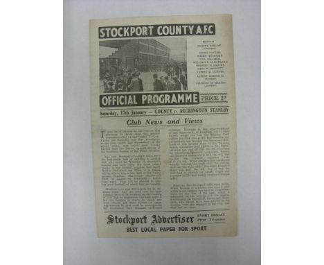 STOCKPORT COUNTY, 1947/1948, a football programme from the home fixture with Accrington Stanley, played on 17/01/1948 (light 