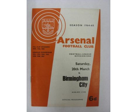ARSENAL, 1964/1965, a football programme from the fixture versus Birmingham City, scheduled for 20/03/1965, the fixture was u